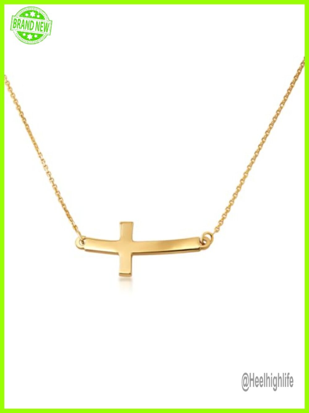 14K Solid Gold Curved Sideways Cross Necklace Pendant Rolo Chain